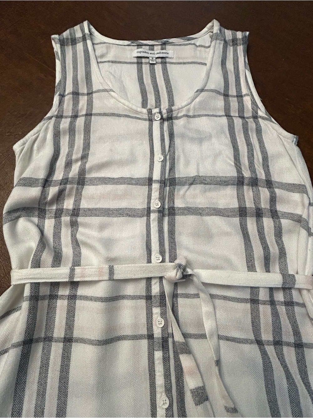 Cupcakes & Cashmere Woman’s Sleeveless White & Gray Plaid Dress w Tie Belt SZ S - Picture 10 of 11